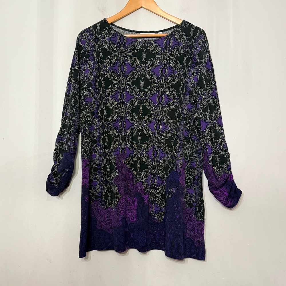 Susan Graver Liquid Knit Tunic Top Dark Purple Paisley Whimsigoth Artsy Print XL